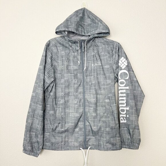 Columbia Womens XS Flash Forward Gray Printed Hooded Windbreaker Jacket Lightwei - Picture 1 of 7